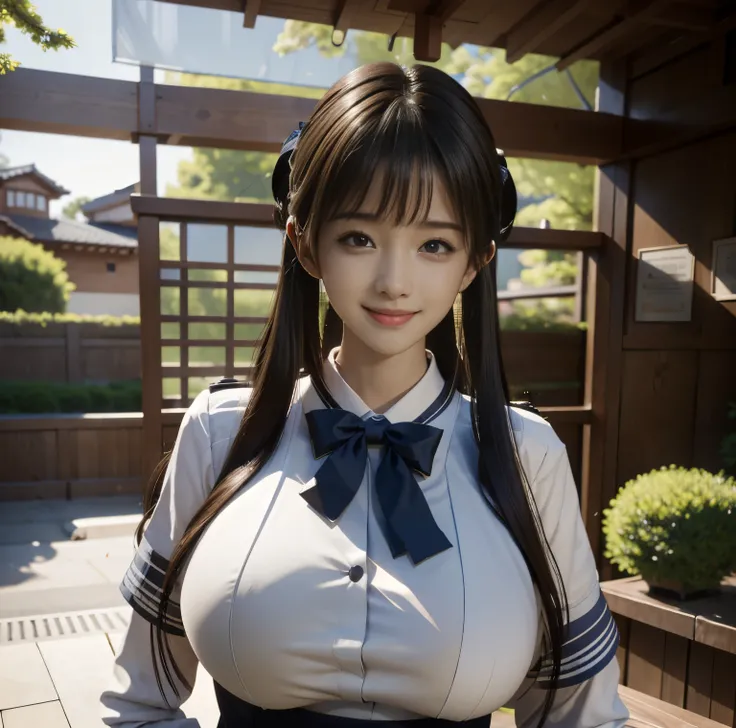 8K quality,  Masterpiece,  Bright Artistic Lighting,  super real , The entrance to the house, A cute girl with half-up sideways hair hanging over her ears, (smile:1.2), (High school girl in uniform), (Big Breasts:1.5), From the chest up, JK, Photograph, 