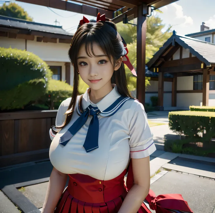 8K quality,  Masterpiece,  Bright Artistic Lighting,  super real , The entrance to the house, A cute girl with half-up sideways hair hanging over her ears, (A slight smile:1.2), (High school girl in uniform), (Big Breasts:1.5), From the chest up, JK, Photo...