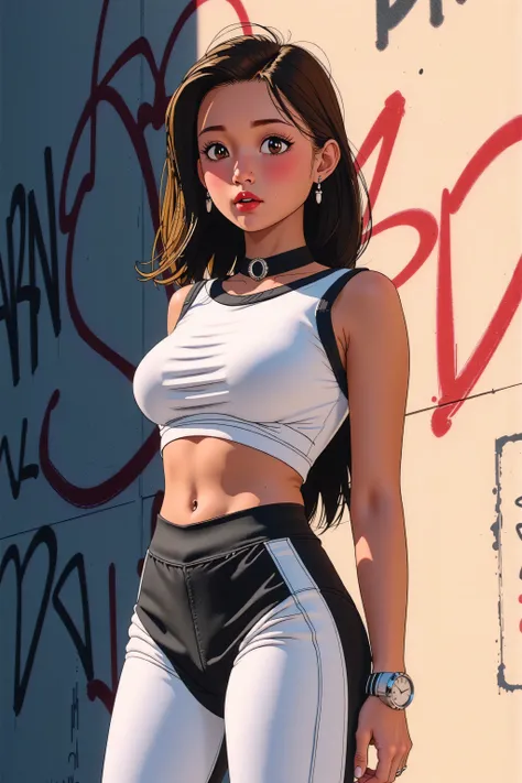 (masterpiece, best quality:1.4), official art, absurdres, vivid colors, girl, asian teen, beautiful eyes, tight crop top, tight yoga pants, choker, (splash ink, graffiti on wall:1.2), navel, slender, standing, from below, cowboy shot, small waist, thick th...