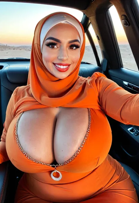 shes take in selfie. arab woman curvy plus size, huge breasts, wears  orange dress arab, wears jewellery, red lips , big smile shows teeth , in a black mercedes 4x4. with hijab in the head 
