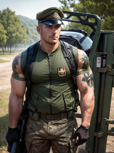 Main content: A handsome and charming mature man with a clear face and deep and sharp eyes. Wearing army camouflage trousers shows the tough temperament of soldiers, and the color and pattern of camouflage trousers are real and natural. Wear a black vest, ...