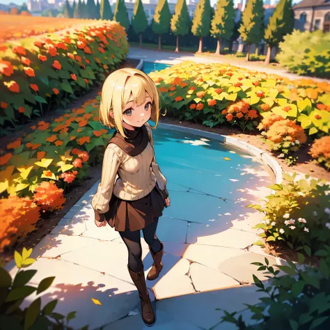 ( High Quality ,  high definition , Very detailed, reality:1.37), Peaceful atmosphere, (Outdoor, garden ,autumn),  teenage girl standing alone, Beautiful details,  cute smile, (Blonde Bob ), Ribbed sweater,Brown skirt, Black tights,  brown boots .