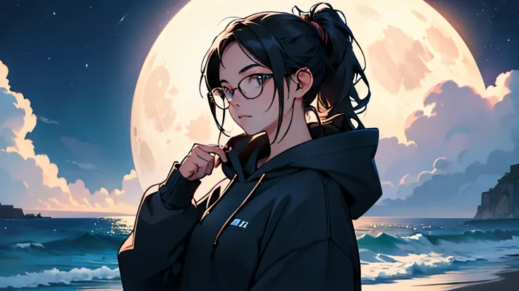 woman、 facing the front 、 are cool、cool、The background is the night sea、 hoodie、 quiet atmosphere 、 midnight、 full moon、 clear lines 、 wearing glasses 、The hair is tied at the back、Im wearing an even higher quality