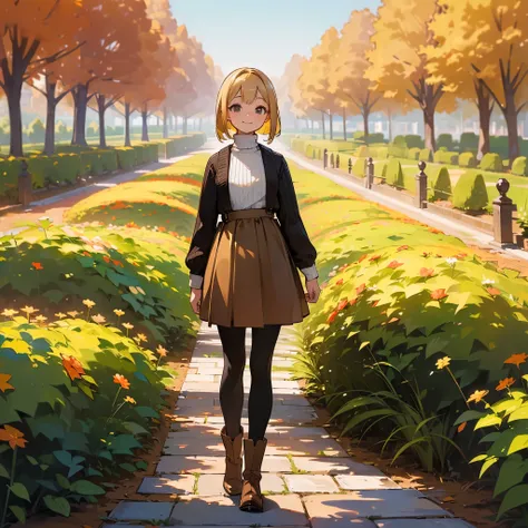 ( High Quality ,  high definition , Very detailed, reality:1.37), Peaceful atmosphere, (Outdoor, garden ,autumn),  teenage girl standing alone, Beautiful details,  cute smile, (Blonde Bob ), Ribbed sweater,Brown skirt, Black tights,  brown boots .