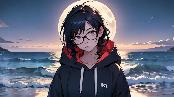 woman、 facing the front 、 are cool、cool、The background is the night sea、 is wearing a hoodie 、 quiet atmosphere 、 midnight、 full moon、 clear lines 、 wearing glasses 、The hair is tied at the back、Im wearing an even higher quality 