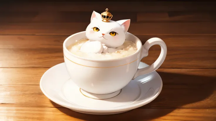 A white cat is inside a teacup and has mentaiko on its head