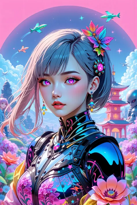 ((best quality)), ((masterpiece)), (detailed), perfect face of cyberpunk mecha japanese girl, neon rainbow eyes, metallic black body, rainbow hair, ((monochromatic neon rainbow color palette)), surreal, art nouveau, in the illustrative style of moebius, sp...