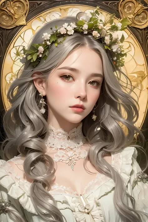 Close-up of a beautiful woman with a small flower headdress, (medium-long silver-gray hair with loose curls), white glossy skin, glossy lips, seductive face, old-fashioned plain and rustic cotton clothing, inspired by Mucha, Klimt and Tom Bagshaw, James Ch...