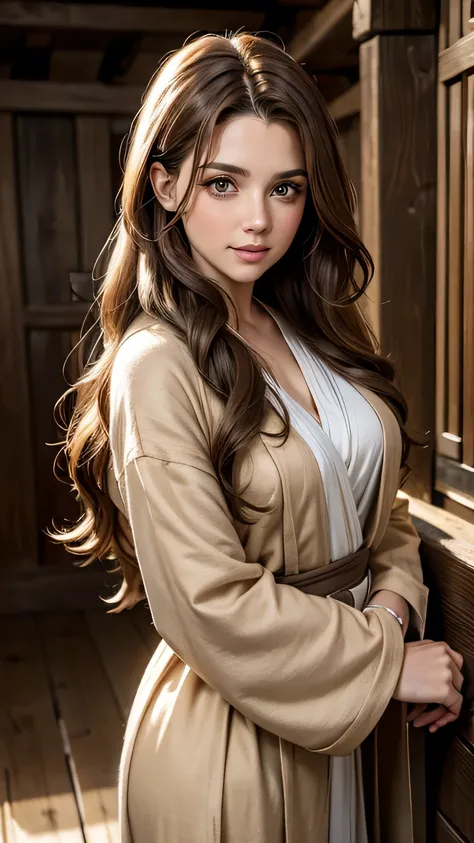 Woman with light brown hair. Long wavy hair. Light eyes. Smiling. Wears a brown robe. Wears clothes similar to a Star Wars Jedi. Inside an old medieval room.