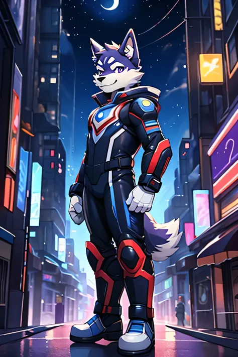 furry,1boy, white dog boy, brown husky, tight bodysuit, young hero, white gloves, white boots, street background, smile, Futuristic city. night moon stars, night lights. Standing, full body. His Hero suit and mask are black and purple.