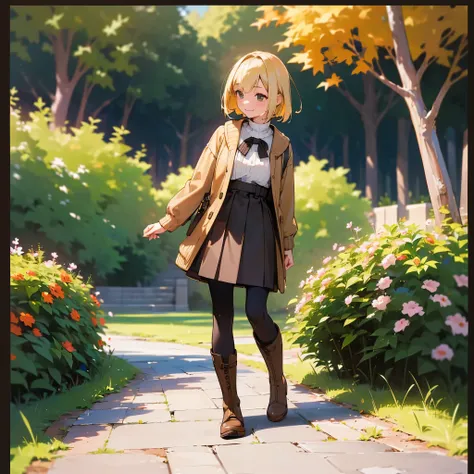 ( High Quality ,  high definition , Very detailed, reality:1.37), Peaceful atmosphere, (Outdoor, garden ,autumn),  teenage girl standing alone, Beautiful details,  cute smile, (Blonde Bob ), Ribbed sweater,Brown skirt, Black tights,  brown boots .