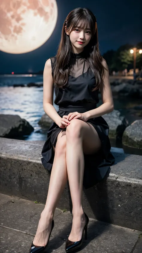  high definition, whole body,  long dark hair with a black bow on the back,  white skin, red eyes, smile,  black shirt ,   black skirt ,   Black High Heels  , 1.78m tall,  sitting in a sea of dark black blood , Red moon in the background, like々New Appearan...