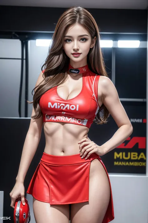 8k,RAW photos,  best quality  at best,(masterpiece), ( MotoGP Racing Girls), (Eyeliner:0.5),( blush:0.5),  brown hair ,  Light Smile , Refers to a beautiful and delicate girl, K-pop idol ， Extremely detailed face ,  beautiful and detailed blue eyes，Sexy pl...