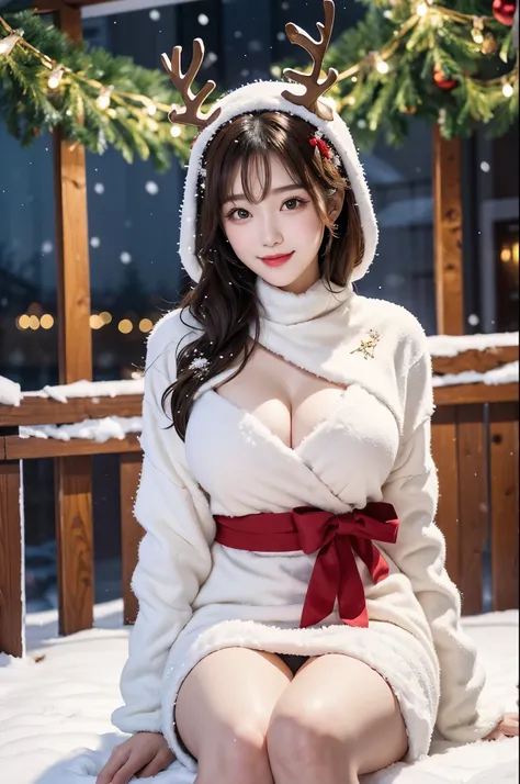 detail, Beautiful Girl, Korean Makeup, smil:, Thigh, Slim body, Big breasts, Christmas Costumes, Christmas Accessories, Christmas Decorations, Christmas tree, Christmas Reindeer, led lights, All about Christmas, Snowy landscape outside,Its snowing、sitting ...