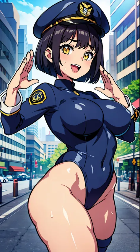 ( perfect body), top quality,( 8K Portrait ),( official art)、(((Muscular)))、(Police hat)、 Embarrassing 、 one girl ,(:d)  one eye closed 、  photo showing test style  、((thick thighs))、 ((Surprised))、((())),(sweat),(((( big breasts))))、( big butt )、(dark hai...