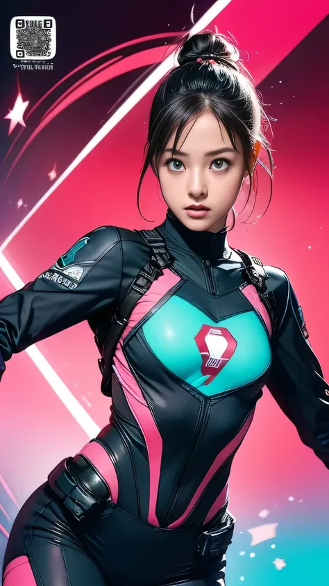 Adorable special camera team member girls  ,  very short wave head,  is very thin:1.5, Breast sagging:1.5,   fitted combat suit  ,  Fighting Stance :1.3, (  brave and heroic 6-member ranger team image:1.3), ((Pink)),   dynamic posture , neon,  plasma , Flu...