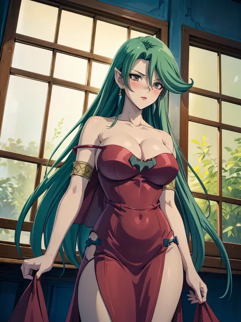 1 Female,High definition,high resolution,Ultra-realistic,8K, Camula, 1girl, solo,clear skin, long red dress, armlets,clear skin, green hair,European,sexy,Photographed from the front,Dynamic Angles,(blush), (medium tits) ,wide thighs ,cleavage, standing  