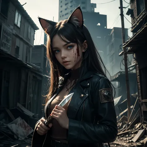 1woman with cat ears, blue eyes, long hair, holding bloody knife, dangerous, intricate background, post-apocalyptic 