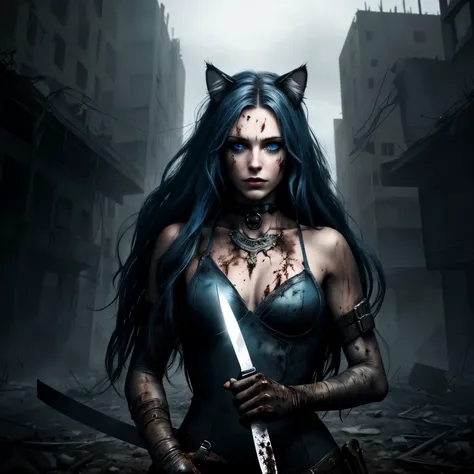 1woman with cat ears, blue eyes, long hair, holding bloody knife, dangerous, intricate background, post-apocalyptic 