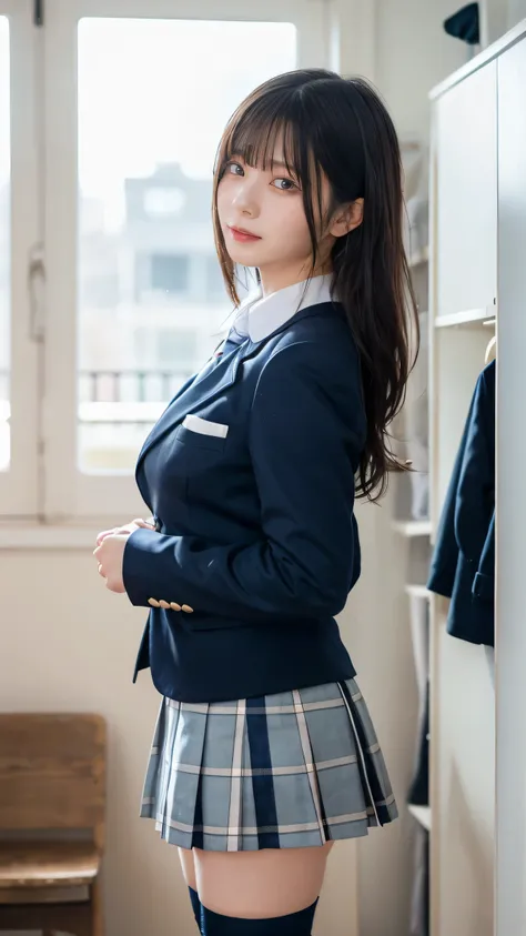 Must-have items, top quality, Illustration, super detailed, Details, high definition , 8k,wallpaper, perfect dynamic configuration,(Detailed high quality, realistic depiction of eyes kissed in the changing room:1.3), from side, high school classroom...