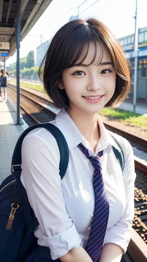  greatest masterpiece、 top quality、Illustration、 super detailed、High resolution with great detail、8K wallpaper、 Perfect Dynamic Composition、１６age、Female student、cute、 super short hair 、( small breasts)、 beautiful detailed eyes、 school uniform、 Natural Colo...