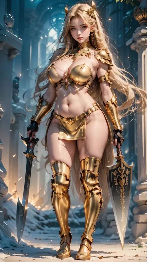 image of a (Muscular)  woman with pale green skin , semi pixar style, 3d style, (( thick thighs )), (( a curvy figure )), (fatty), hourglass figure, (( Broad shoulders)), ((amazon woman)), goddess,  big breast ,  voluminous, wavy hair with a ponytail yello...