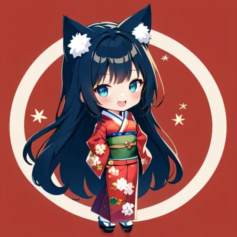 girl chibi Long Black Hair Full Body Cat ear red long kimono green background