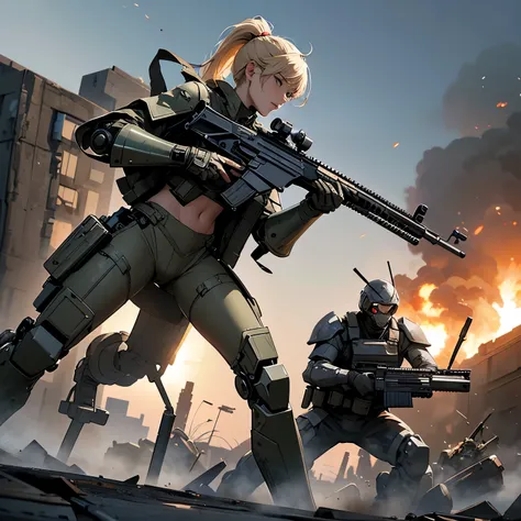 nsfw, very long shot, anime screencap, 16k, perfect anatomy proportion body, perfect hands,  action,  dynamic composition with a sense of speed and dynamism , (Firing an assault rifle, shooting:1.6), milf, 40age, perfect beautiful delicate sexy face, perfe...