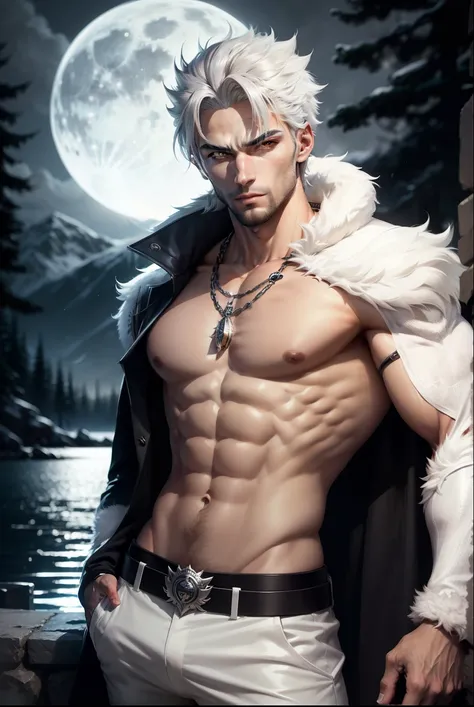 Attractive werewolf  ,   handsome slender and muscular torso  ,  short silver hair ,    yellow-amber eyes  ,   white wolf fur coat  ,   white pants torn on the left side  ,   a deep moonlight with a lake mirroring the dark night and a forest