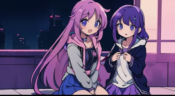 2 anime girls, 1 anime girl with long purple hair, blue skirt, talking to a 2 anime girl with short pink hair pink hoodie choker hairclip