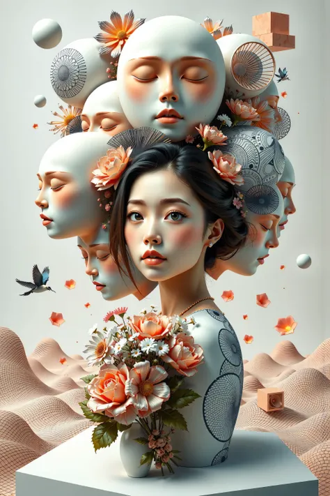 Expressionist artwork images of multiple floating ceramic heads, 3d collage style, make it weird and gallery worthy, ((japanese woman)), portrait, absurdres,highres,ultra detailed,ultra-detailed background,detailed background,extremly detailed,1girl,bunch ...