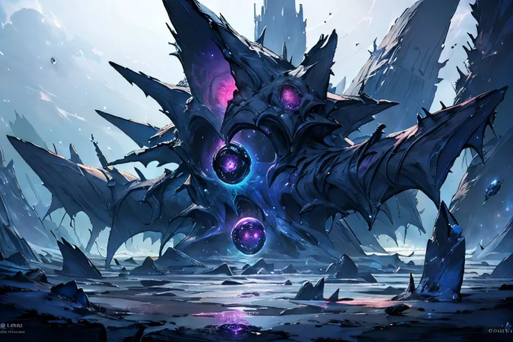 Lovecraftian cosmic entity in space in an abstract form that represents the cosmic horror characteristics of a giant war ship, nebula and dark star, league of legends concept art, tcg art