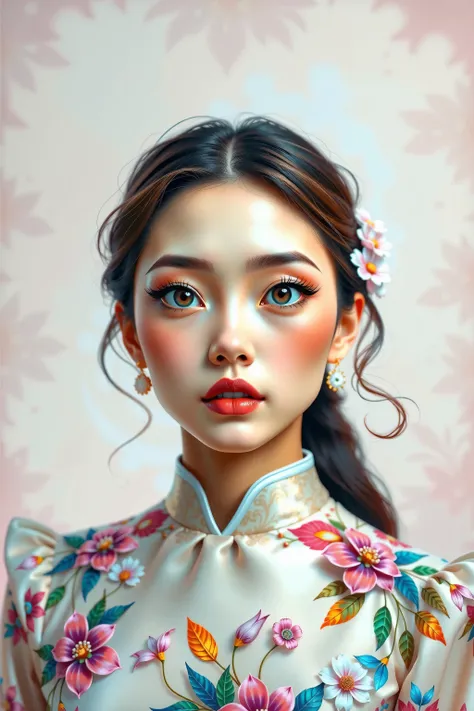 asian woman, beautiful detailed eyes, beautiful detailed lips, extremely detailed eyes and face, long eyelashes, woman wearing a flowery dress, pastel painting oil stick painting, thick coating, texture, inspired by Moebius, trippy, watercolor illustration...