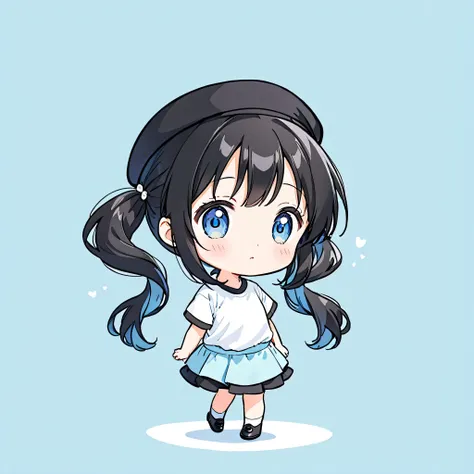 a very cute and beautiful chibi anime girl, black long hair, simple flat background, full body, standing, Alone、 white t-shirt 、 black beret、light blue gradient color、 twin tails