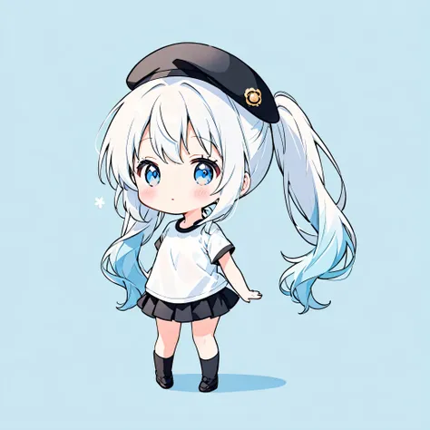  very cute and beautiful chibi anime girl,  white long hair, simple flat background , whole body,  standing, Alone、  white t-shirt 、  black beret、 light blue gradient color 、  twin tails， chibi