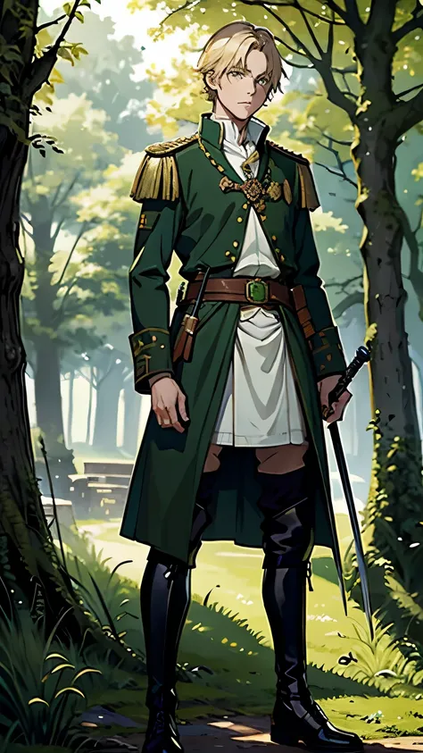 Niels Visser is a blonde prince, Wearing moss green medieval military uniform, Staring straight ahead with sharp emerald green eyes. Full body with sword on waist