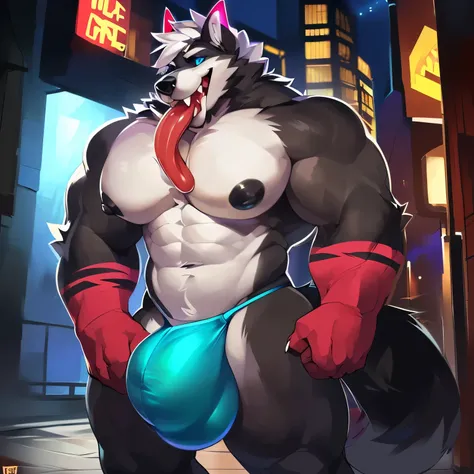 Solo, anthro, male (((demon, wolf, hybrid, black sclera, blue eyes, 4 eyes, broad shoulders, muscular, huge pecs, abs, black nose, black nipples, dark grey body, white fur, white hair, black tipped hair, shape teeth, fangs, big fangs, black nose, pink horn...