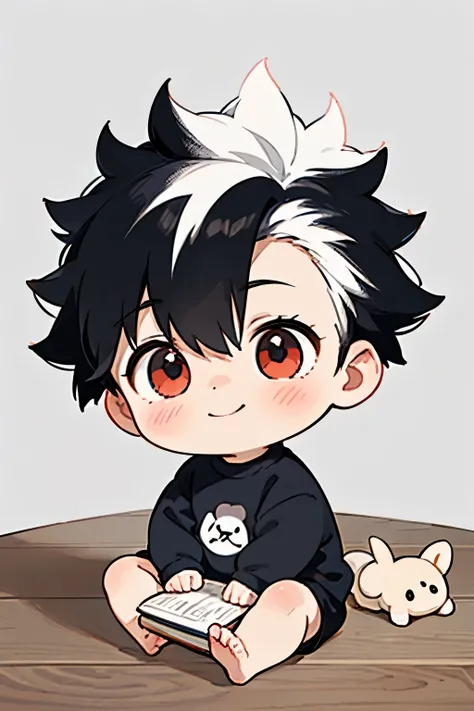 (high-quality, breathtaking),(expressive eyes, perfect face) portrait, Symmetrical Eyes, 1boy, solo, 1 month old, black and white hair, red coloured eyes, medium hair, spiked hair, fluffy hair, baby face, grey background, wooden floorboard, stone wall back...