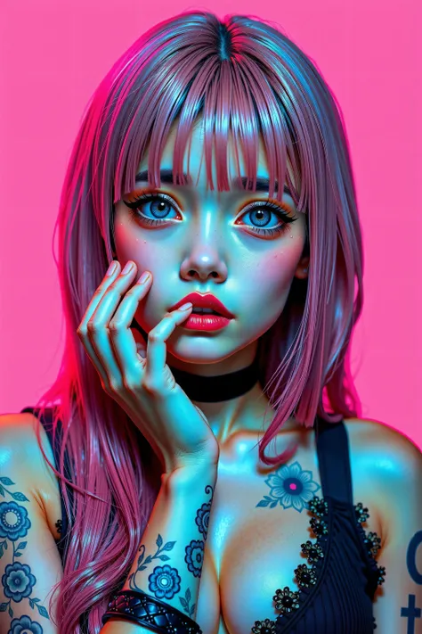 One girl、((tattoos)), Excellent anatomy, masterpiece, Highest quality,Realistic, hyperRealistic, 16k hdr,NSFW、Long pink Hair、Straight Hair、bangs、freckles、high school girl、Slender、Slender body、asian high school girl, huge breasts, cleavage, Lewd, horny, (((...