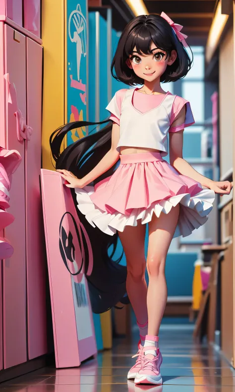  masterpiece, suzuka, head on, thin and tall, beautiful,  black cabello,  short hair,  black eyes, smile, Teeth, blush,  full body ,  white skin ,  flat chest ,  long legs, white top, pink tutu ,  sports shoes , In a toy store, in the hallway,