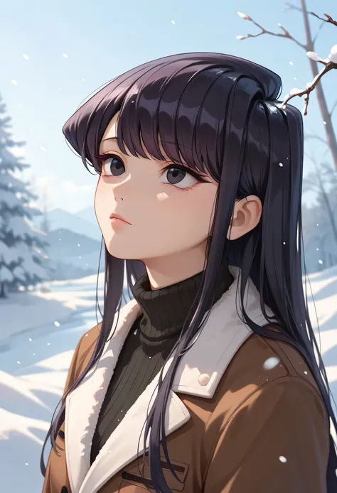 komi shouko, 1girl, absurdres, bangs, black eyes, black hair, day, highres, komi-san wa komyushou desu, long hair, looking up, outdoors, snow, portrait, solo, upper body