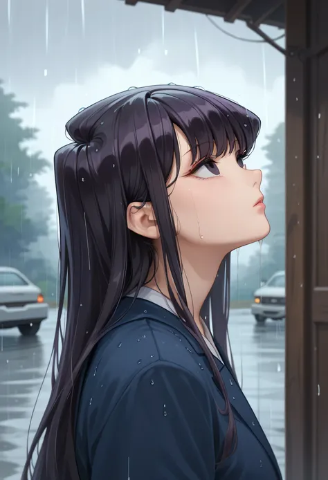 komi shouko, 1girl, absurdres, bangs, black eyes, black hair, day, highres, komi-san wa komyushou desu, long hair, looking up, outdoors, rain, portrait, solo, upper body