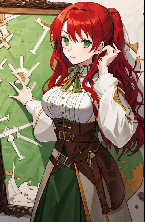 girl ,  red hair, wavy (Cover your ears ),  green eyes,  simple medieval clothing, big bust, looking at a mission board on the wall
