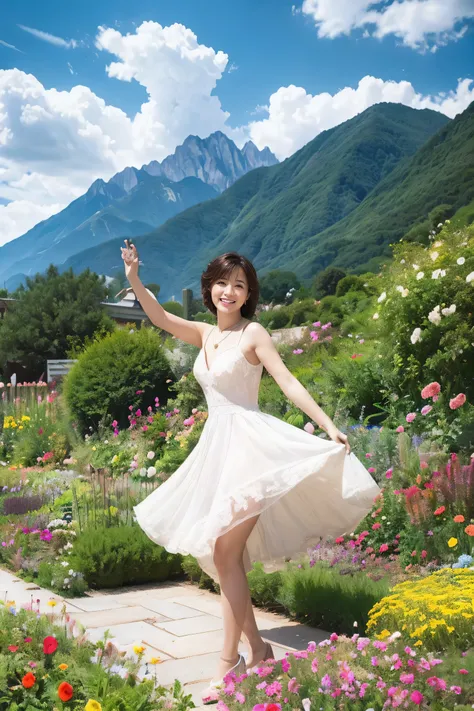  1 girl,  dynamic angle, Clouds and mountains, (garden: 1.4)  foreground,  white dress,  Light Tracing, (floating colorful wind : 1) ( realistic : 1.4),  official art, Unity 8k Wallpapers,  super detailed,   beautiful and beautiful  ,   Masterpiece  ,  top...