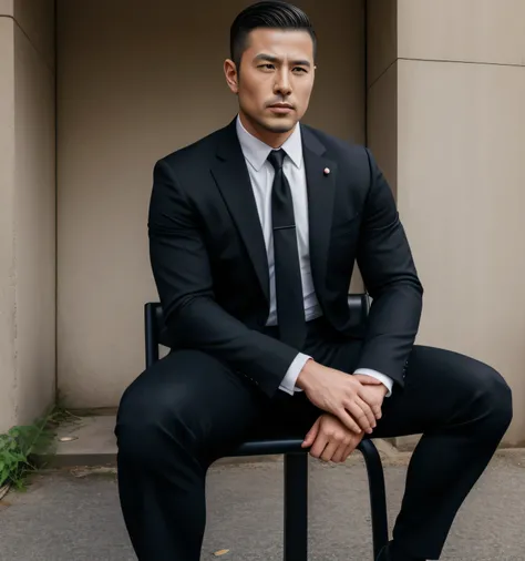 33-year-old man ,  black suit、 black tie、 black slim pants、mafia、Vacant lot、 Sit on a stand chair、カッコイイ battle pose、  have bulging crotches ,Gay , , short hair, smooth hair、 stubble,　Japanese people with bad faces 、Shocker&#39;s Belt。Black socks　 battle po...