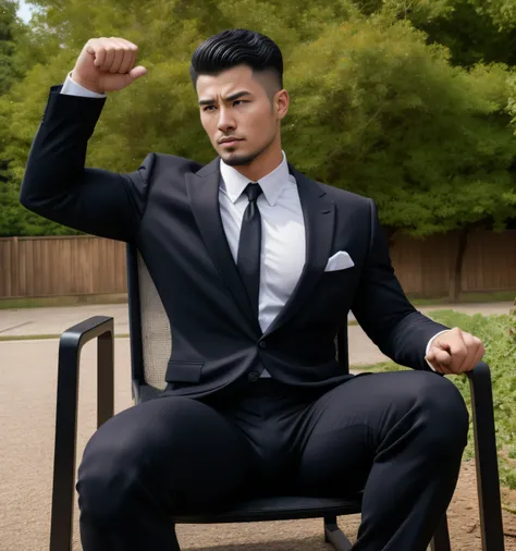 25-year-old male, Muscular man、 black suit、 black slim pants、mafia、Vacant lot、 stand chair。カッコイイ battle pose、  have bulging crotches ,Gay , Short hair perm、 stubble,　Handsome Japanese Face 、Shockers Svelt。　 battle pose　 upper body up 