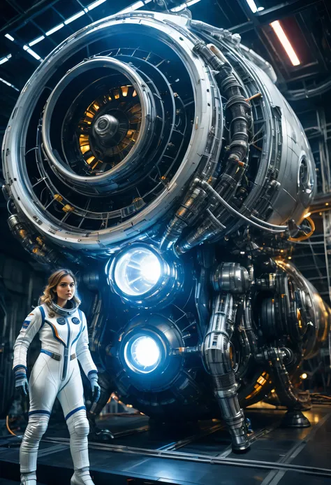 candid photo of beautiful french female engineer repairing a massive spaceships engine, (((full body view))), wearing a tight futuristic spacesuit, masterpiece, (beautiful and giant eyes:1.1), intricate detail, highly complex iris, closeup, neon lights, he...