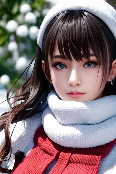 (1girl:1.5) ,In a snowy winter, a girl is standing alone in the open snow. The cold wind ruffles her hair. The girl is wearing a thick bikini, but still seems to be shivering. She has a warm wool scarf around her neck, which is bright red, adding a touch o...