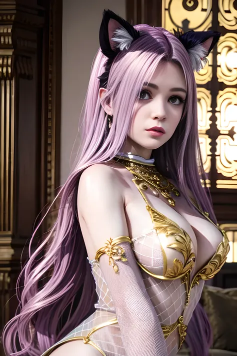 A highly detailed 3D-rendered female character with teal long hair and cat ear accessories, wearing a sheer lace bodysuit adorned with floral patterns and golden details. The character is posed elegantly against a luxurious indoor setting with soft warm li...