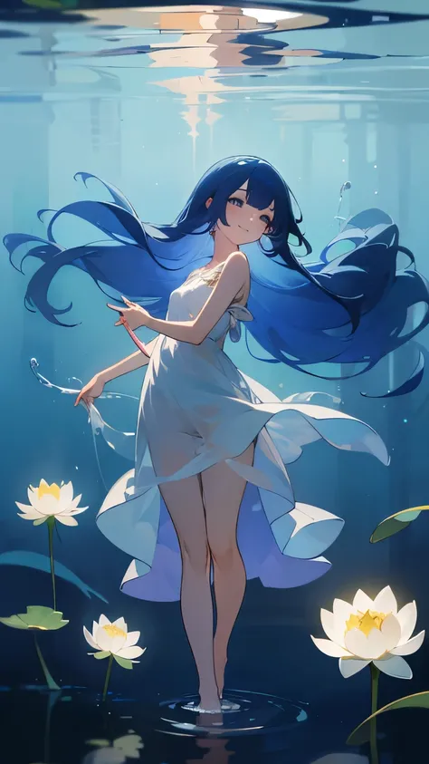 ((4K,  masterpiece on penis , top quality)), Jellyfish Sim ,  lotus, Maxi Kit,  dress open, swf 1 girl, Alone, Long Blue Hair, smile,  standing, Feet in the water, barefoot,